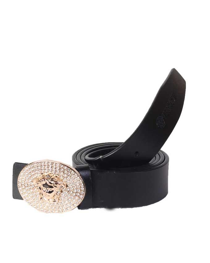 Versace Crystal Clustered Medusa Head Gold Oval Buckle Belt - Obeezi.com