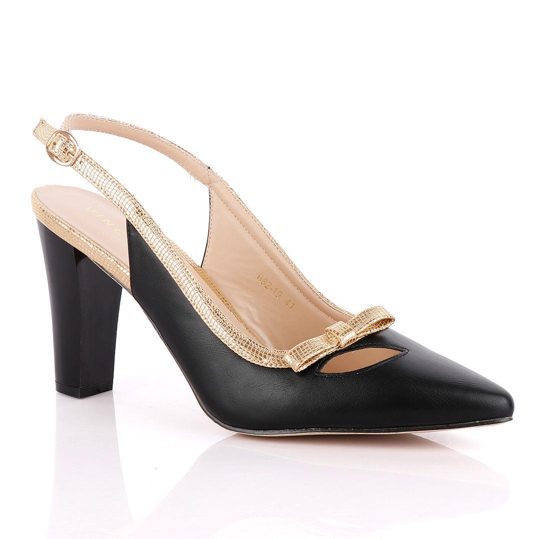 Vincci Classic Ladies Pointed Toe Pumps Buckle Black And Gold Heels Shoe - Obeezi