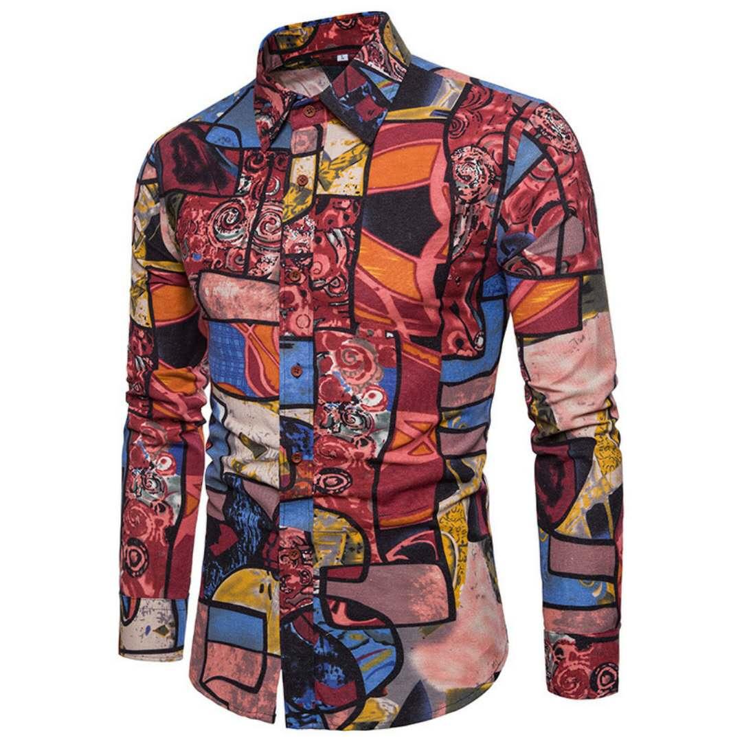 Vintage Men Floral Long Sleeve Button Down Shirt - Obeezi