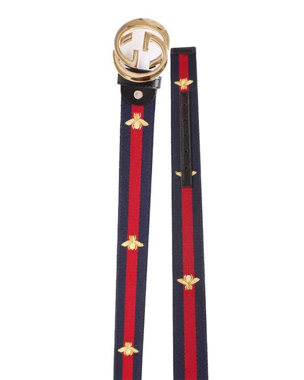 Web Bee Print Interlocking G Buckle Belt Blue and Red - Obeezi.com