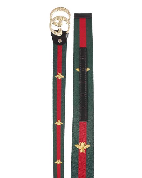 Web Bee Print Interlocking Gold G Buckle Belt Green and Red - Obeezi.com