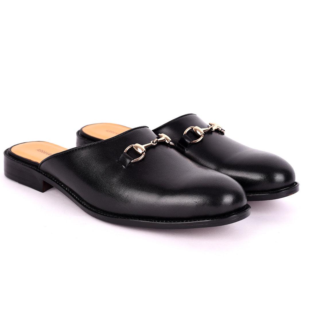 Abraham Mathias Plain Leather Chain Logo Men's Half Shoe- Black - Obeezi.com