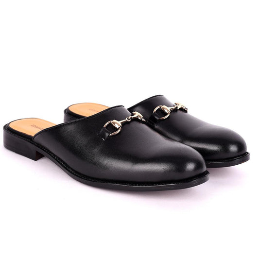 Abraham Mathias Plain Leather Chain Logo Men's Half Shoe- Black - Obeezi.com