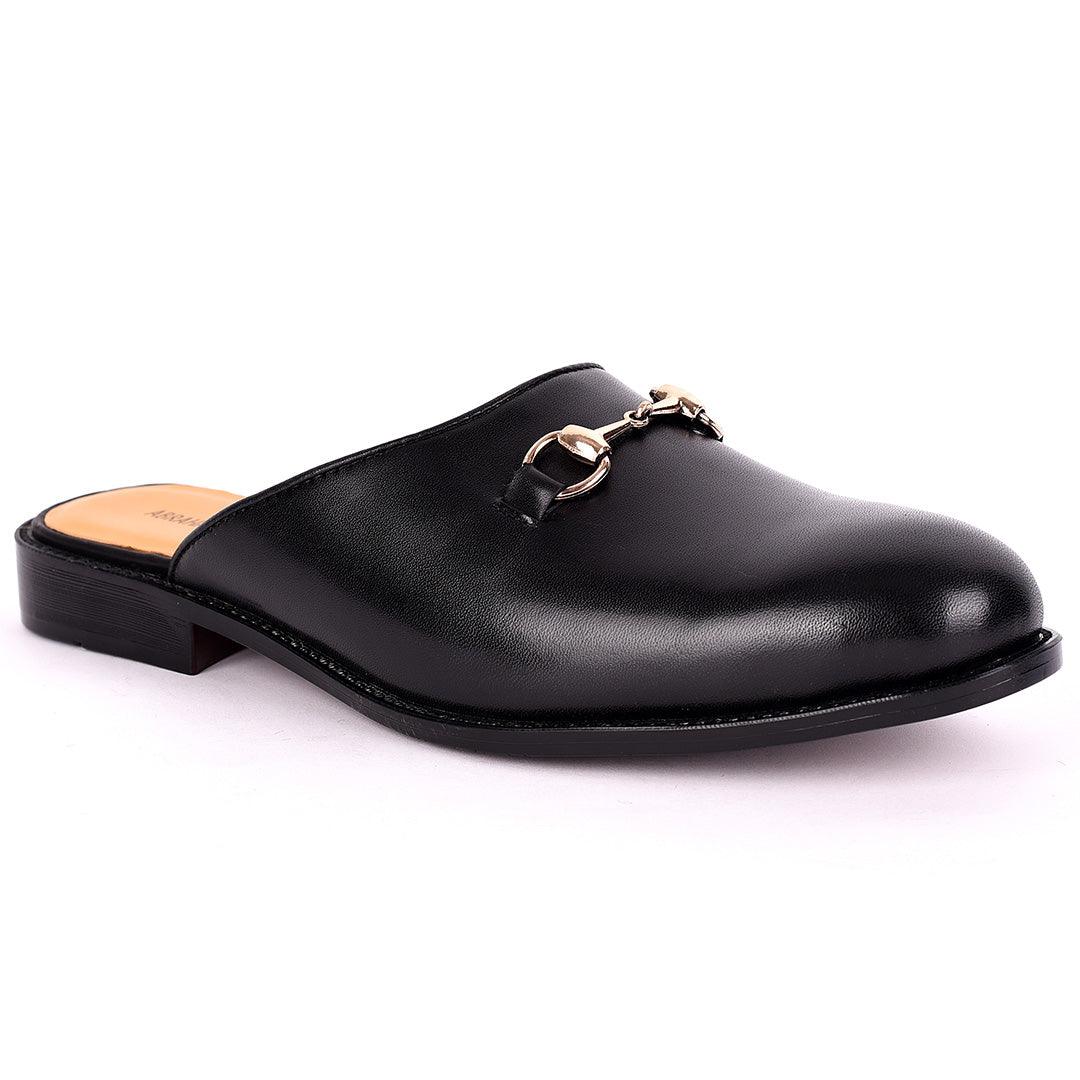 Abraham Mathias Plain Leather Chain Logo Men's Half Shoe- Black - Obeezi.com