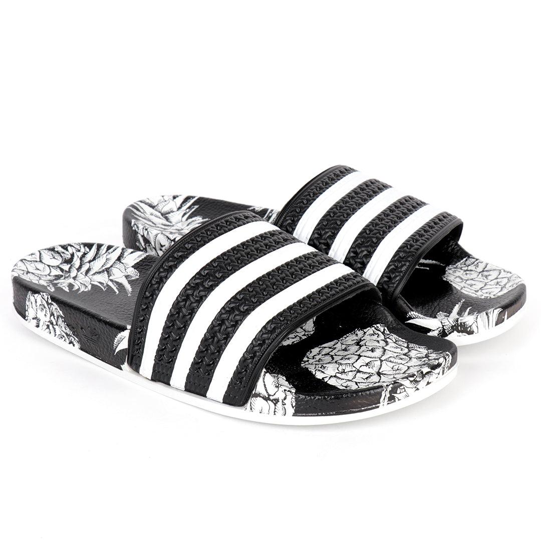 AD Adilette Men's Slide Floral Print Sole -Black White - Obeezi.com