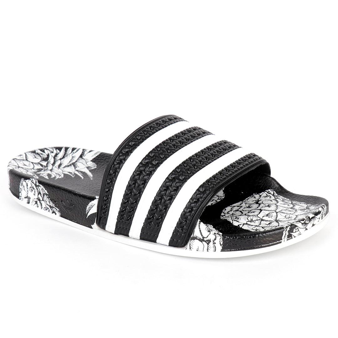 AD Adilette Men's Slide Floral Print Sole -Black White - Obeezi.com