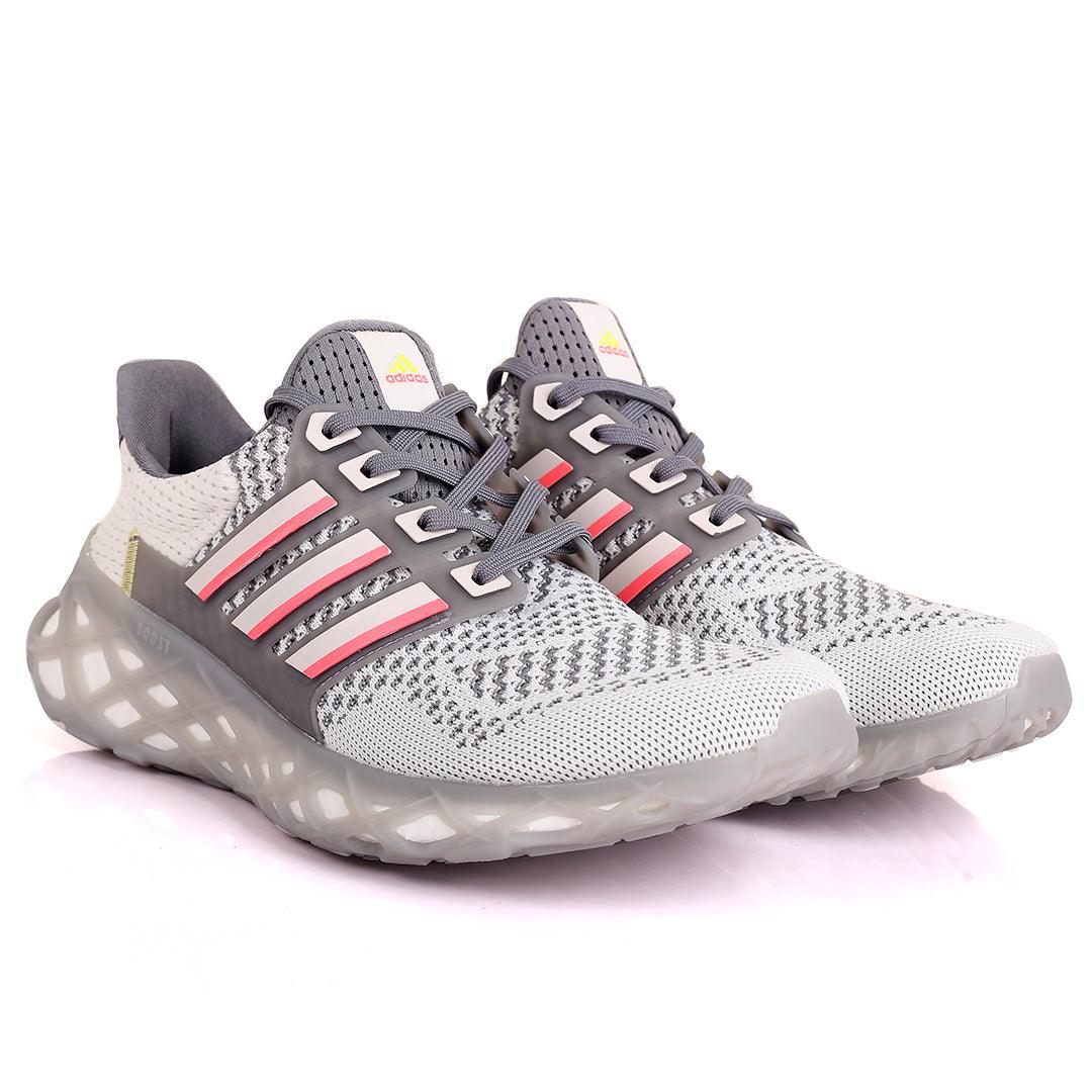 AD Boost White And Grey Designed Men's Running Sneakers With Grey Sole - Obeezi.com