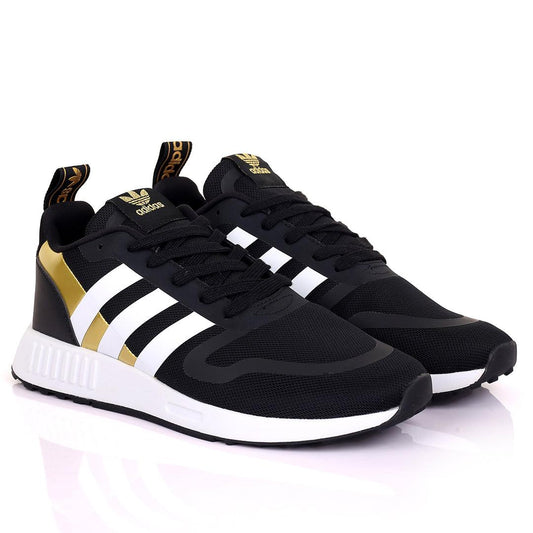 AD Comfy Black And Gold With White Stripe Design And White Sole Designed Sneakers - Obeezi.com