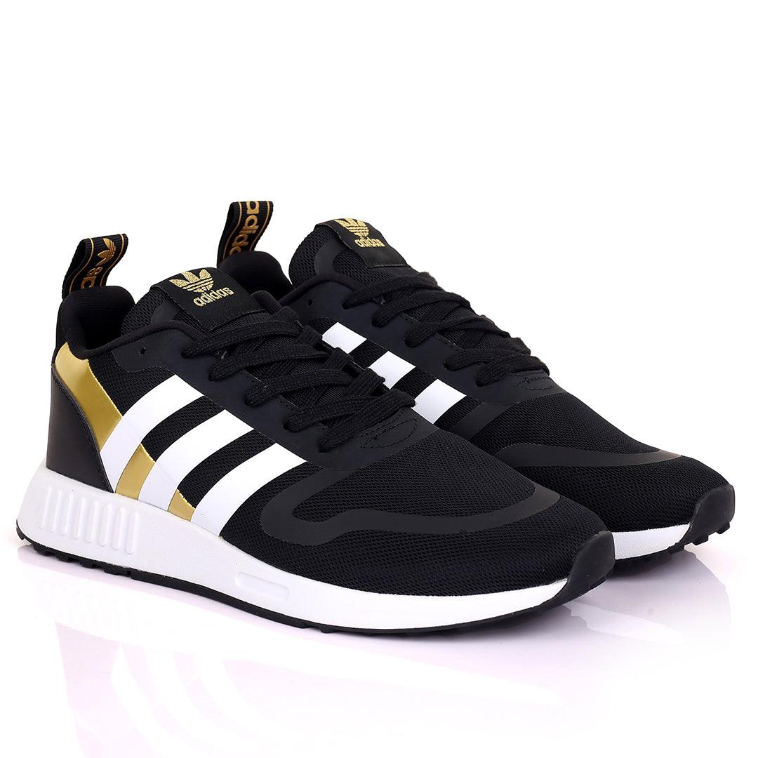 AD Comfy Black And Gold With White Stripe Design And White Sole Designed Sneakers - Obeezi.com
