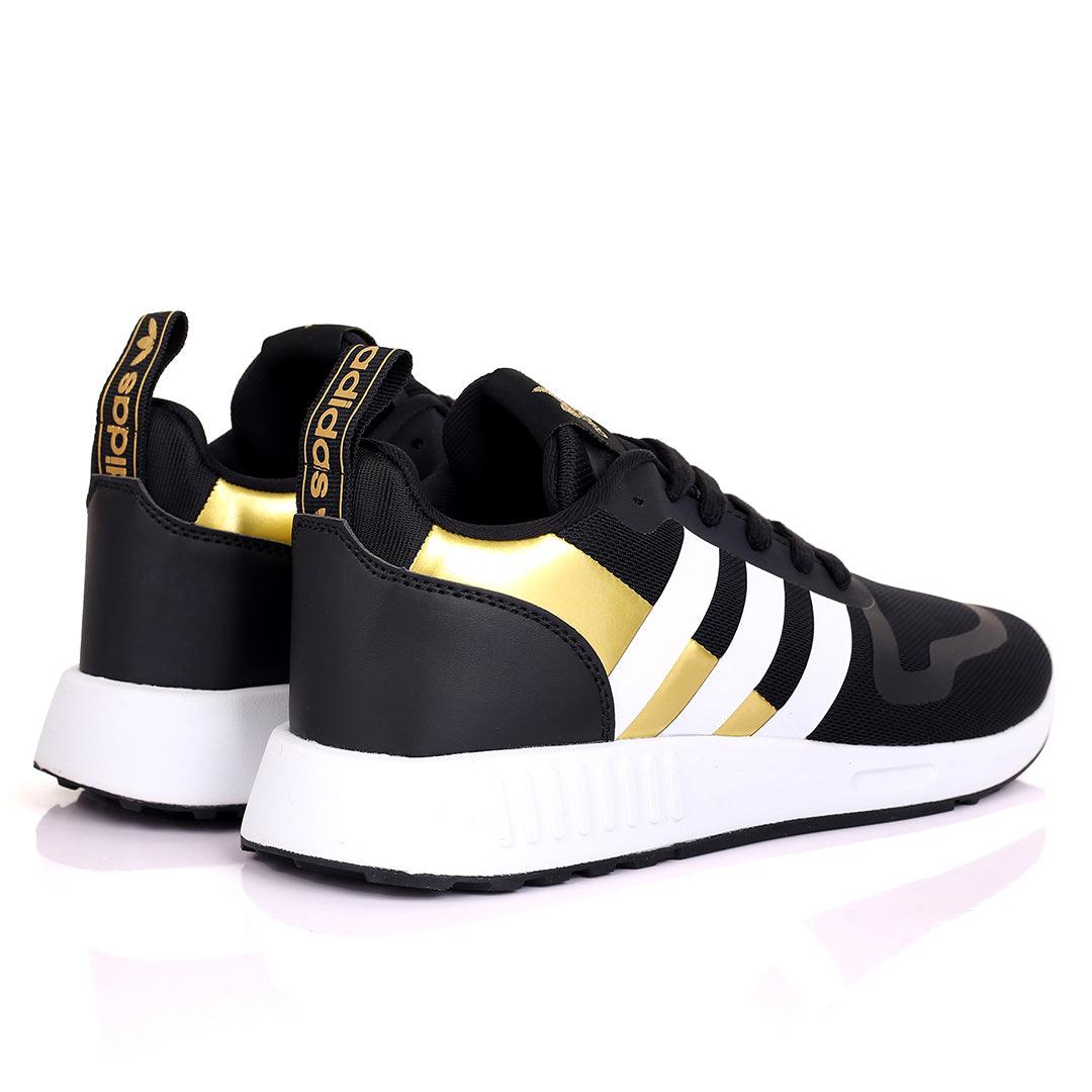 AD Comfy Black And Gold With White Stripe Design And White Sole Designed Sneakers - Obeezi.com