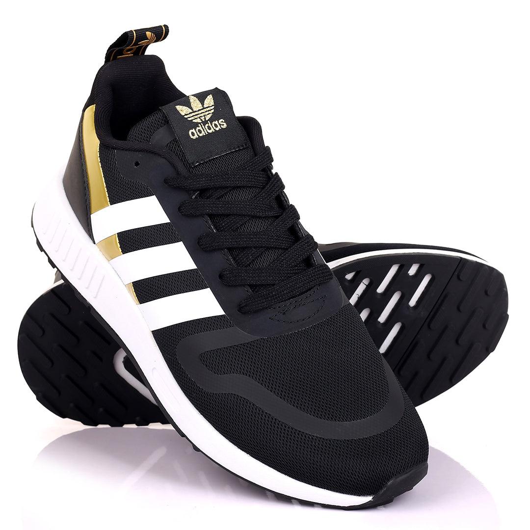 AD Comfy Black And Gold With White Stripe Design And White Sole Designed Sneakers - Obeezi.com
