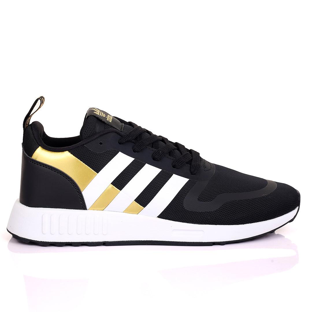 AD Comfy Black And Gold With White Stripe Design And White Sole Designed Sneakers - Obeezi.com