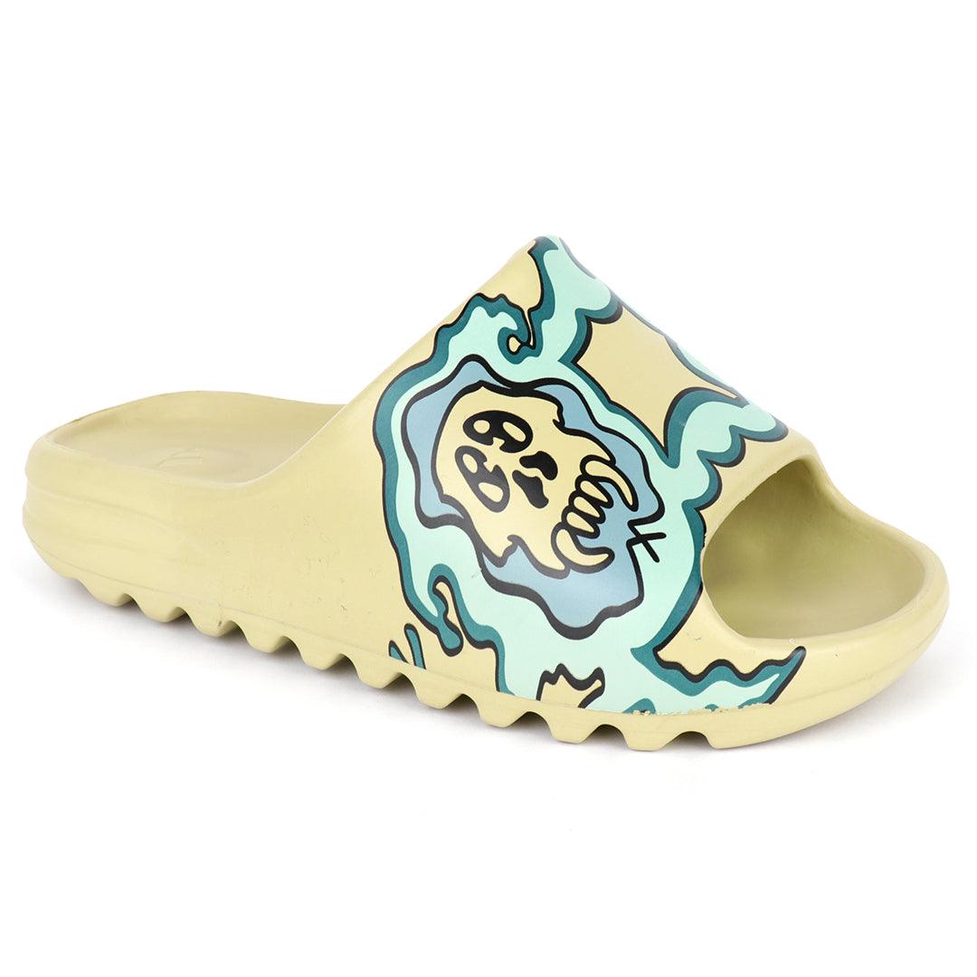 AD Yeezy Slides Green Fiery Skullie design Kaws Rubber Light Weight - Obeezi.com