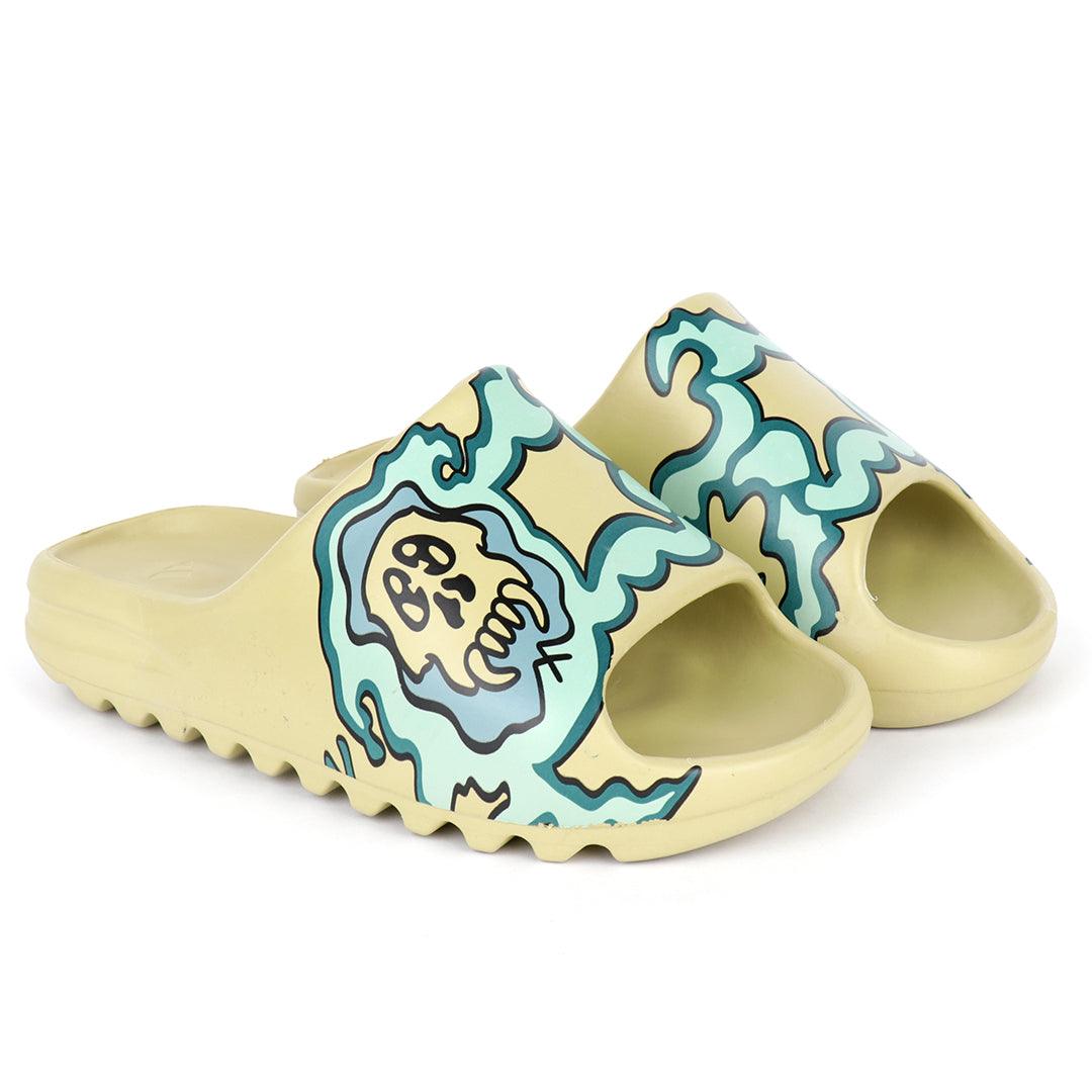 AD Yeezy Slides Green Fiery Skullie design Kaws Rubber Light Weight - Obeezi.com