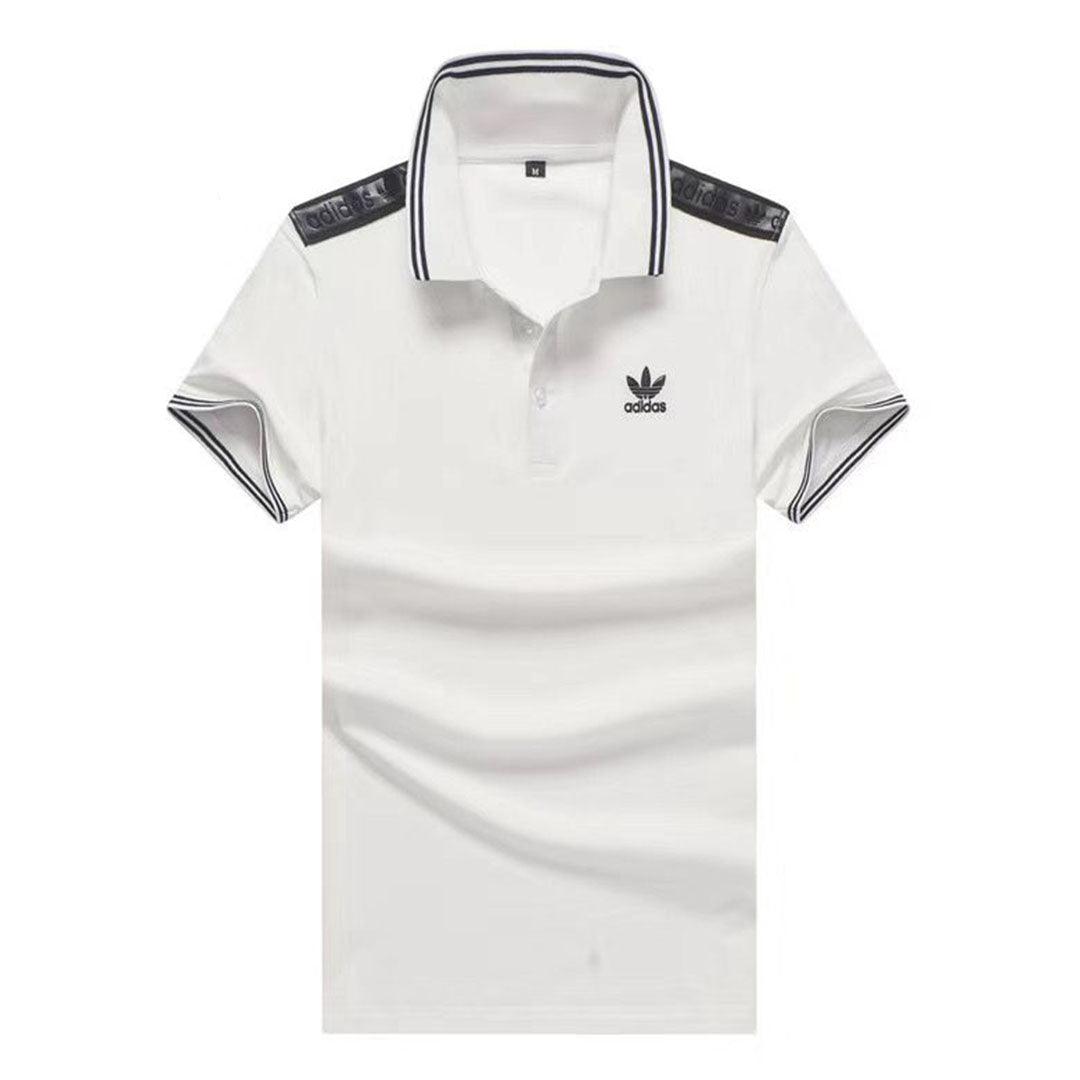 Adidas Men's Body-fit Grey And Black Stripes Collar White Polo Top - Obeezi