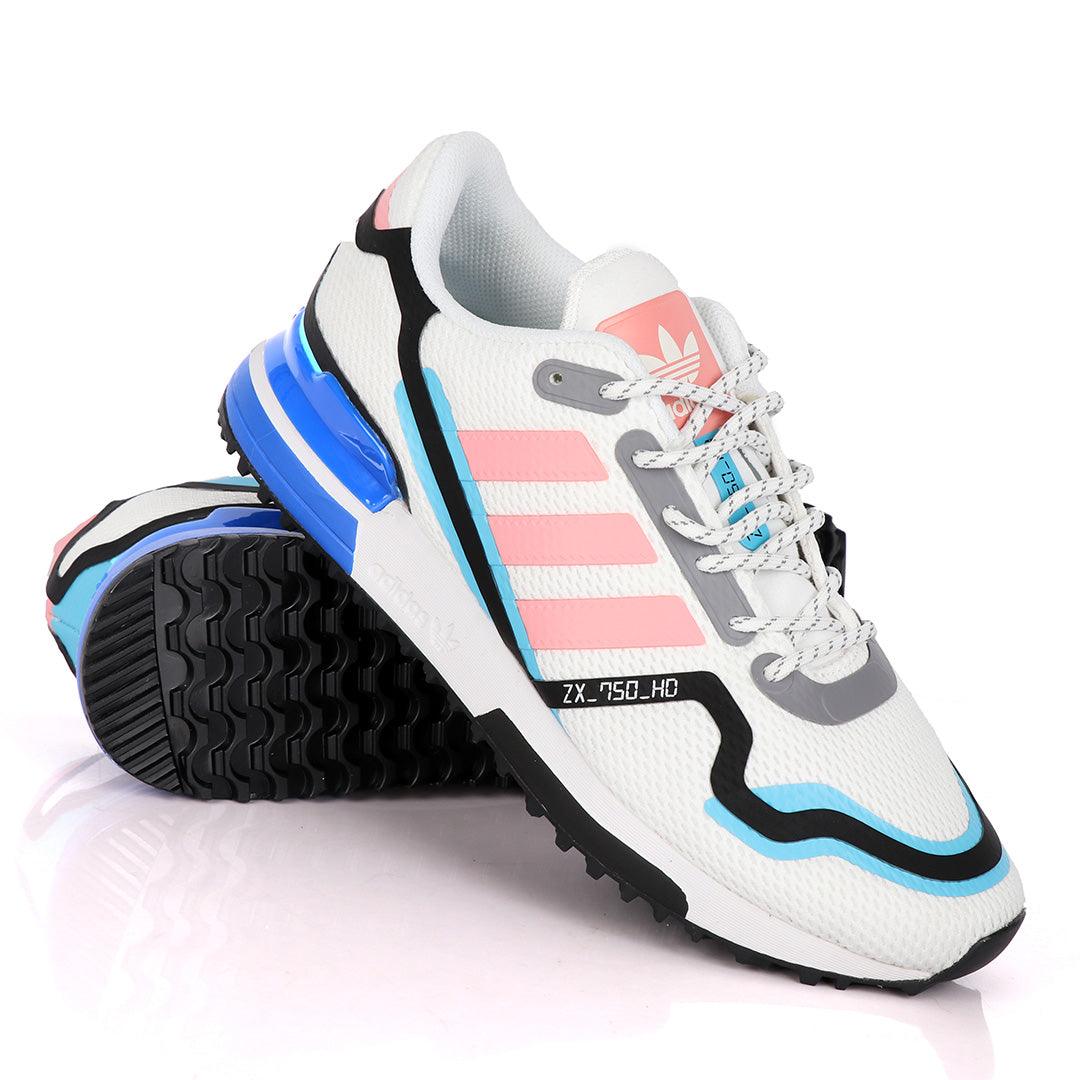 Adidas ZX 750 HD White Sneakers With Classic Peach And Royal Blue Designs - Obeezi
