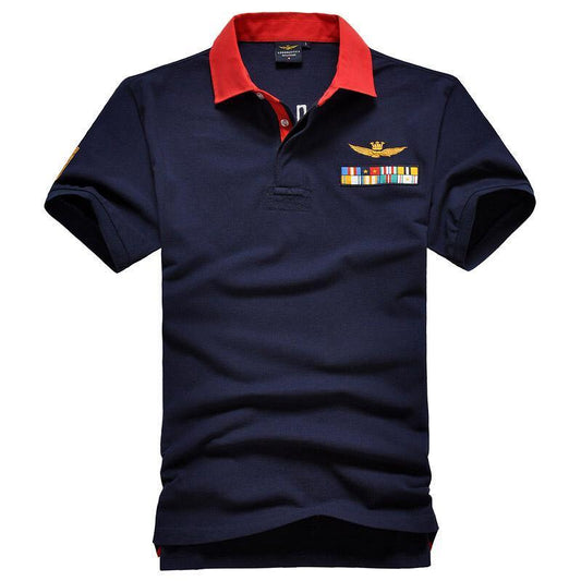 Aeronautical Polo Shirt Men's Navy Blue Short Sleeve With Rank Badge - Obeezi