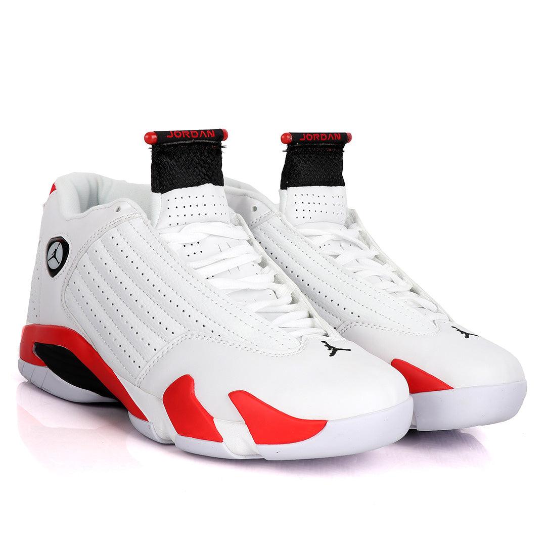 Air Jordan 14 Retro White With Classic Red And Black Design Sneakers - Obeezi