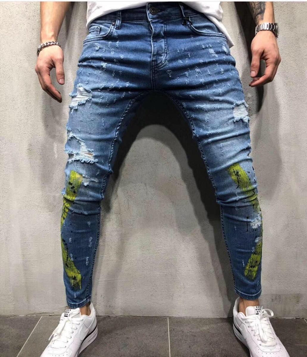 Amiri Blue Denim skinny yellow Embroidered Jean - Obeezi