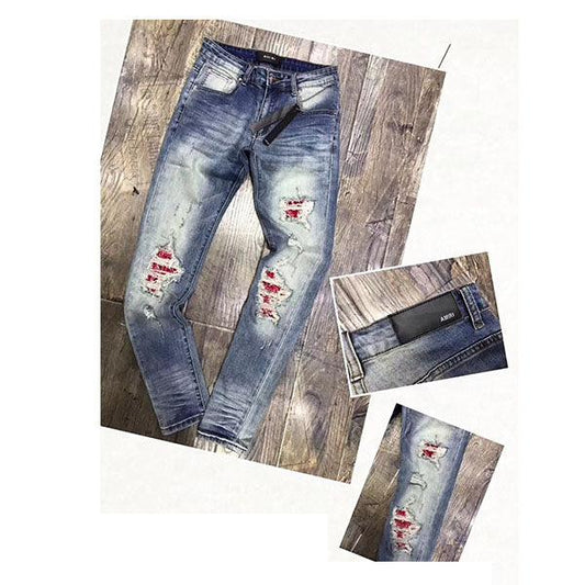 Amiri Ripped with Red Batch Straight cut Jeans - Obeezi