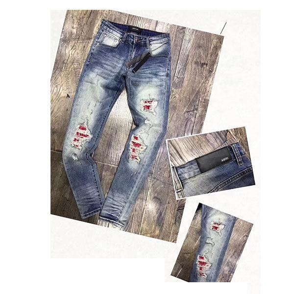 Amiri Ripped with Red Batch Straight cut Jeans - Obeezi
