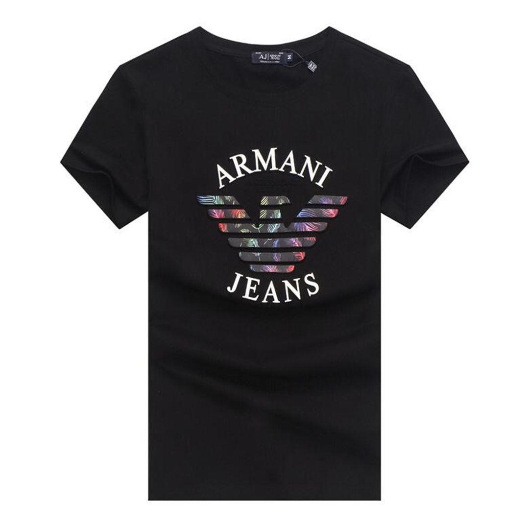 Armani Jeans Classic Fit Crew Neck Cotton With Eagle Logo-Black - Obeezi