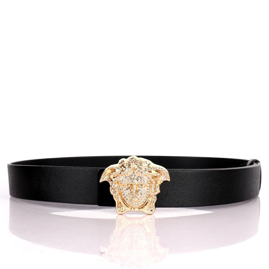 Authentic Versace Medusa Swarovski Gold Crystal Genuine Leather Black Belt - Obeezi.com