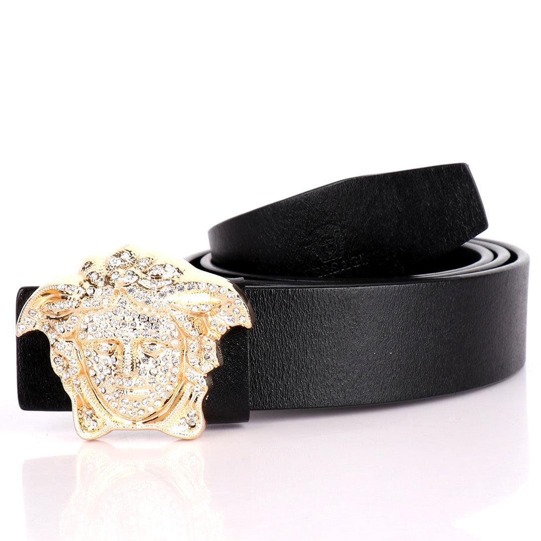 Authentic Versace Medusa Swarovski Gold Crystal Genuine Leather Black Belt - Obeezi.com