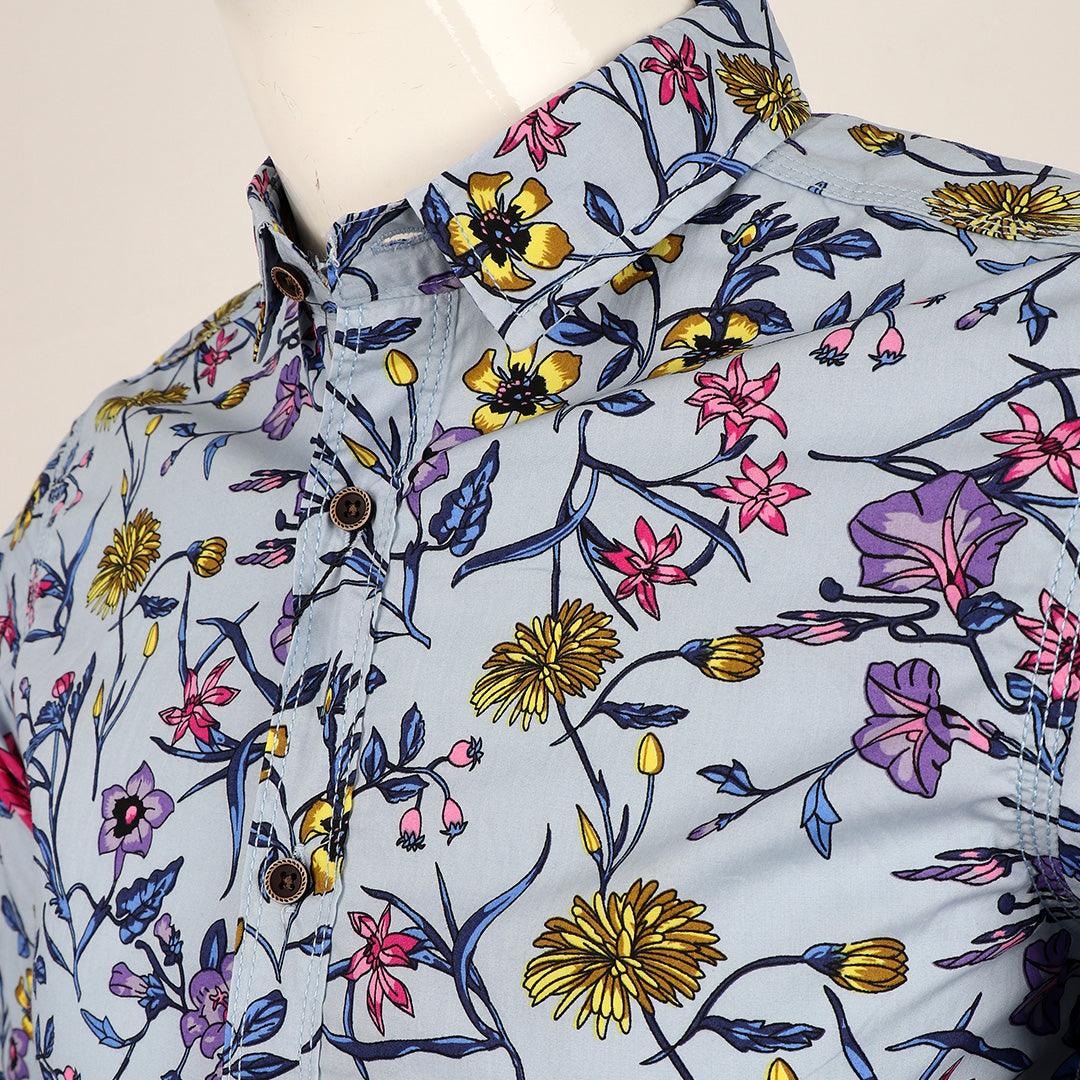 Badgley Executive Floral Print Blue Long Sleeve Shirt - Obeezi