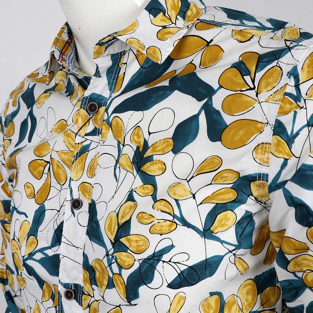 Badgley Finest Quality Yellow Floral Print LongSleeve White Shirt - Obeezi.com