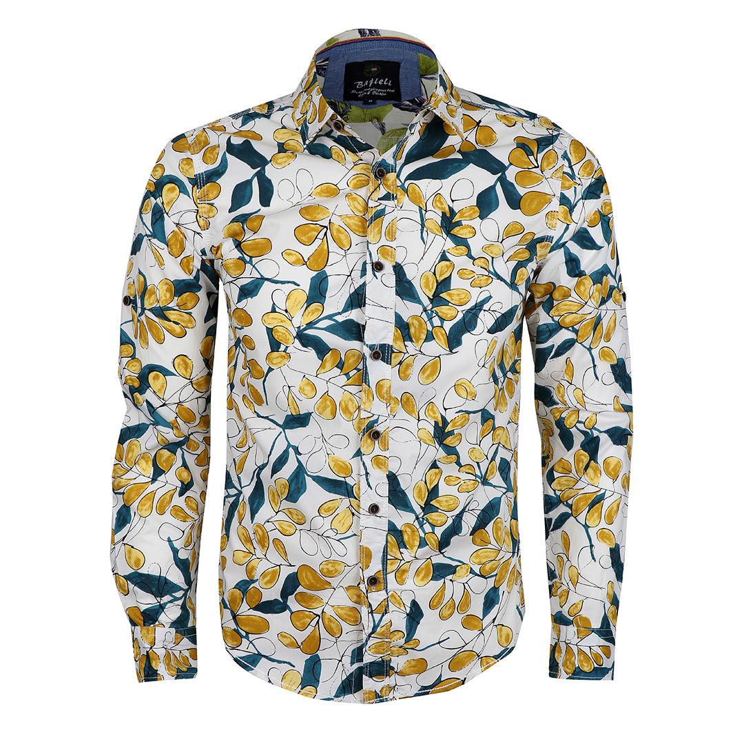 Badgley Finest Quality Yellow Floral Print LongSleeve White Shirt - Obeezi.com