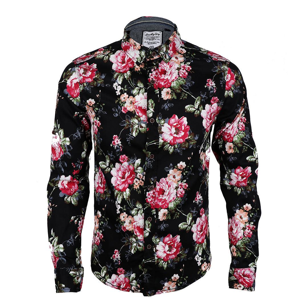Badgley Quality Closet Trendy Floral Designed Long Sleeve Shirt- Black - Obeezi.com