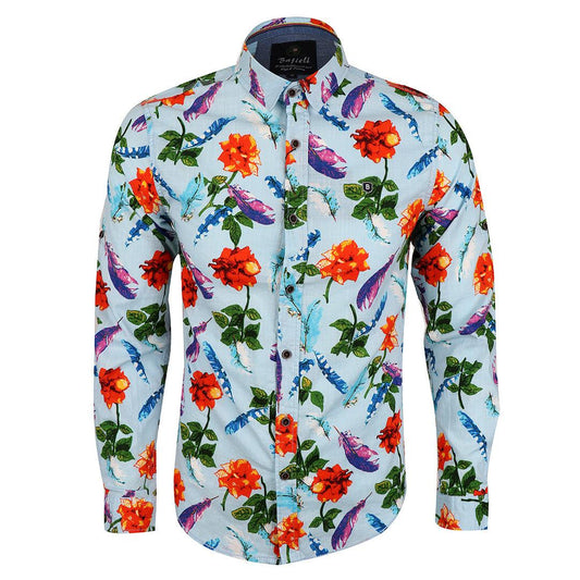 Baijieli Floral Sunflower Long Sleeve Slim Fit Button Up-Brown-Sky Blue - Obeezi