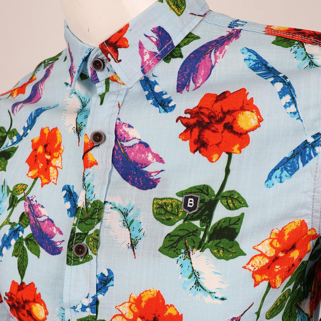 Baijieli Floral Sunflower Long Sleeve Slim Fit Button Up-Brown-Sky Blue - Obeezi