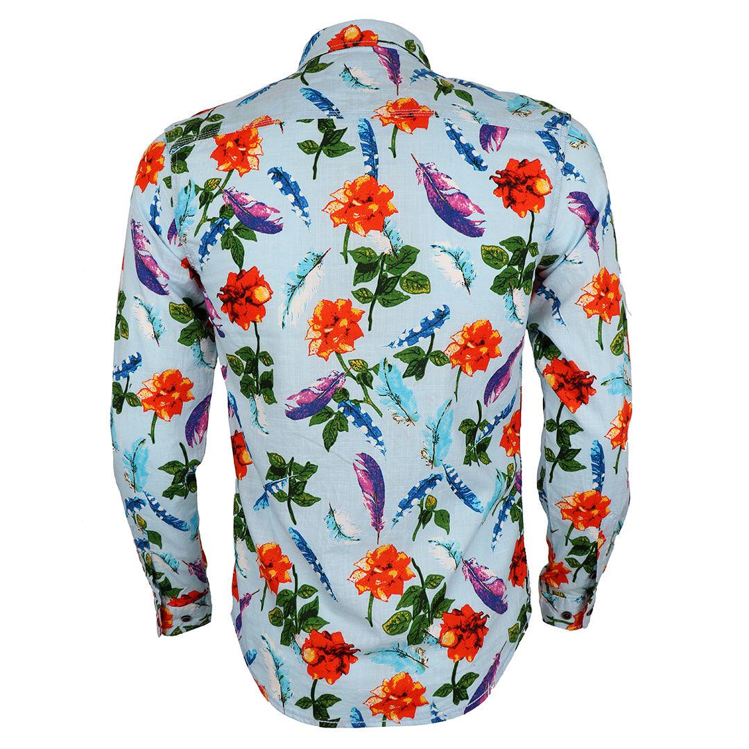 Baijieli Floral Sunflower Long Sleeve Slim Fit Button Up-Brown-Sky Blue - Obeezi