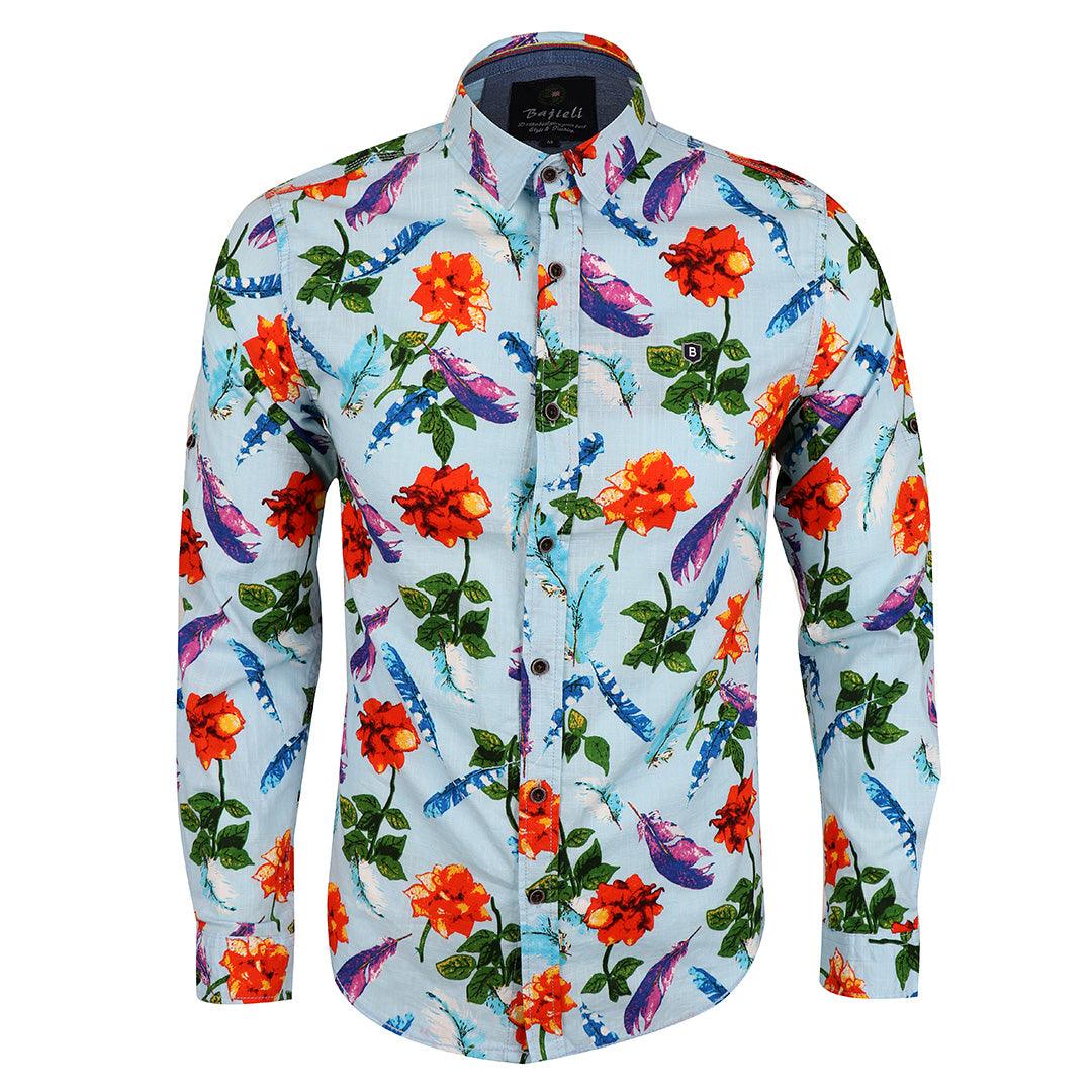 Baijieli Floral Sunflower Long Sleeve Slim Fit Button Up-Brown-Sky Blue - Obeezi