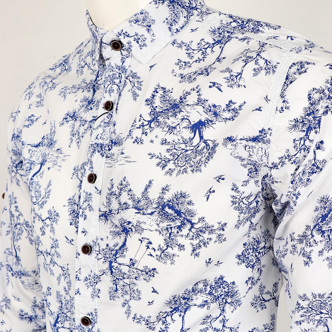 Bajieli Finest Quality White And Blue Floral Designed LongSleeve Shirt - Obeezi.com