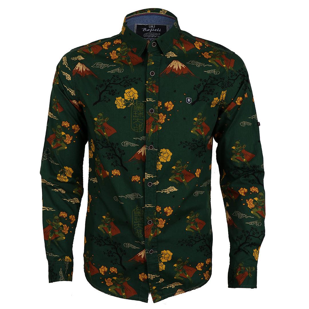 Bajieli Man's Vintage Floral Printed Shirts Green Yellow Long Sleeve - Obeezi