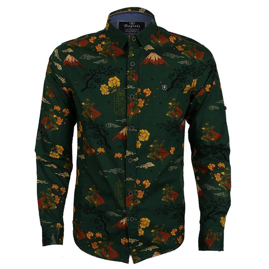 Bajieli Man's Vintage Floral Printed Shirts Green Yellow Long Sleeve - Obeezi