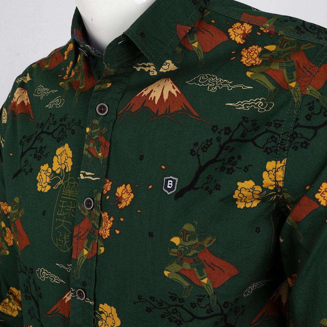 Bajieli Man's Vintage Floral Printed Shirts Green Yellow Long Sleeve - Obeezi