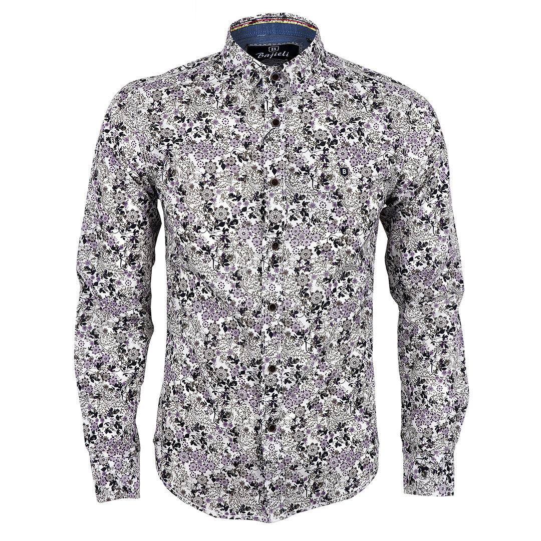 Bajieli Man's Vintage Floral Printed Shirts White Long Sleeve - Obeezi
