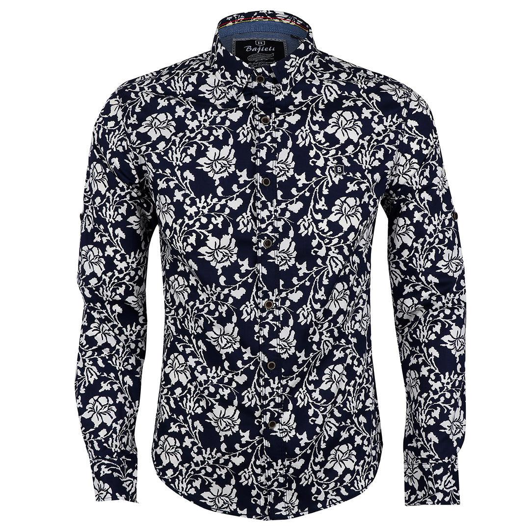 Bajieli New York Fit NavyBlue And White Floral Designed Shirt - Obeezi