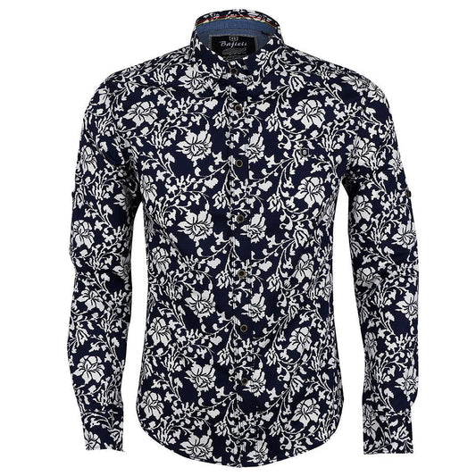 Bajieli New York Fit NavyBlue And White Floral Designed Shirt - Obeezi