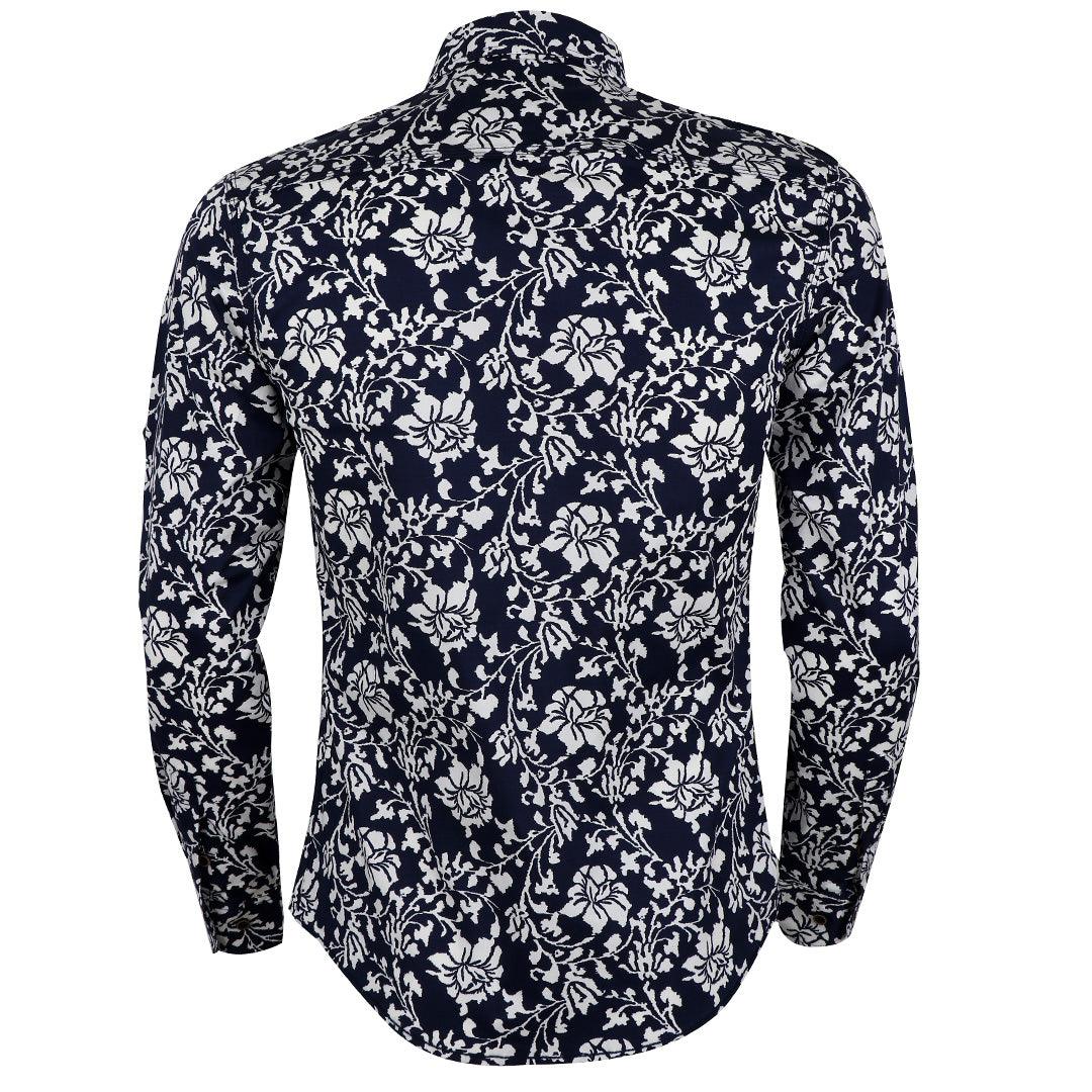 Bajieli New York Fit NavyBlue And White Floral Designed Shirt - Obeezi
