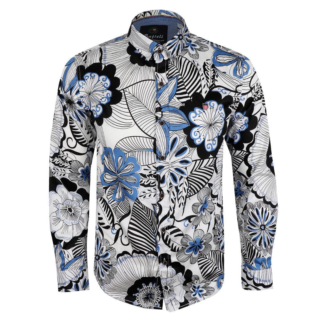 Bajieli White And Blue Floral Prints Long Sleeve Shirt - Obeezi.com