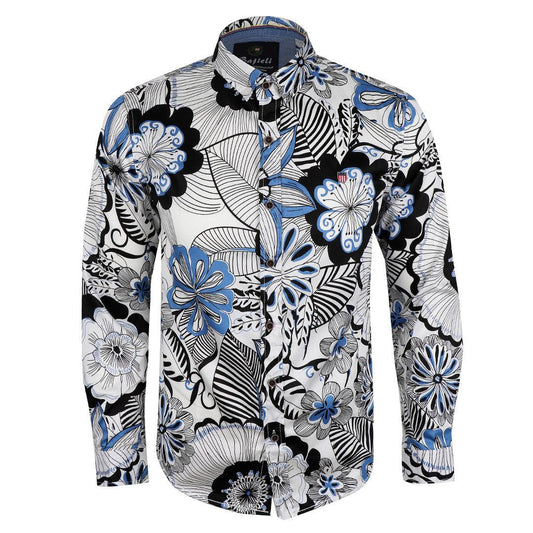 Bajieli White And Blue Floral Prints Long Sleeve Shirt - Obeezi.com