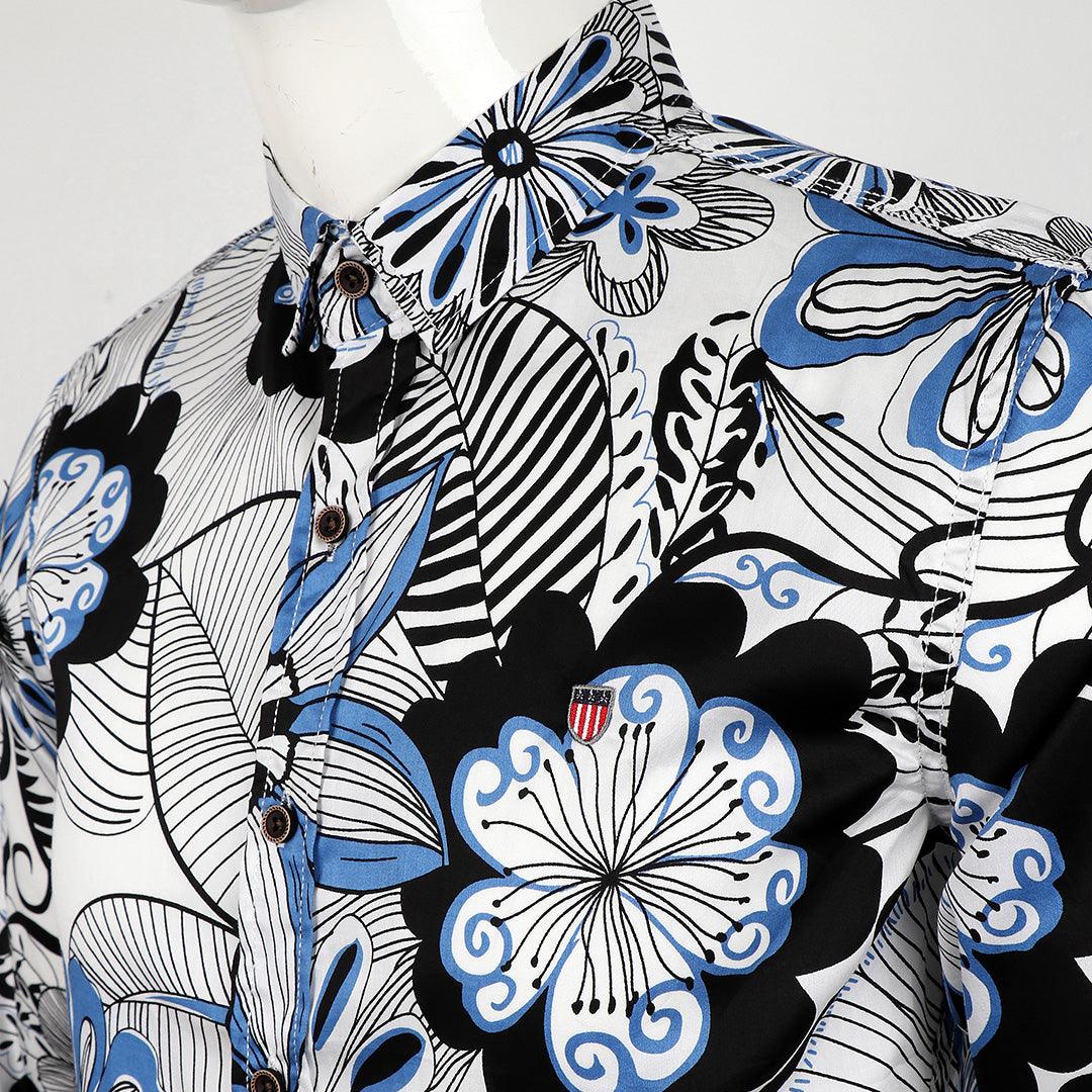 Bajieli White And Blue Floral Prints Long Sleeve Shirt - Obeezi.com