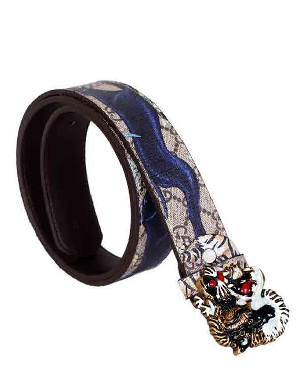 Bengal Tiger Print and Buckle Leather Belt Biege - Obeezi.com