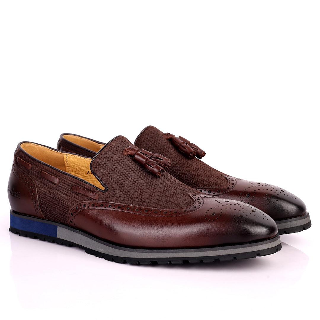 Berlut Brogue And Tassel Designed Black Leather Shoe- Coffee - Obeezi.com