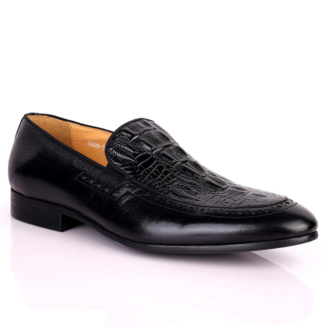 Berlut Croc And SIde Perforated Exquisite Designed Shoe - Black - Obeezi.com